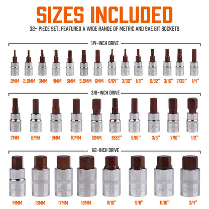 32Pcs Hex Bit Socket Set S2 Steel Allen Key 1/4" 3/8" 1/2" Drive SAE & Metric - South East Clearance Centre