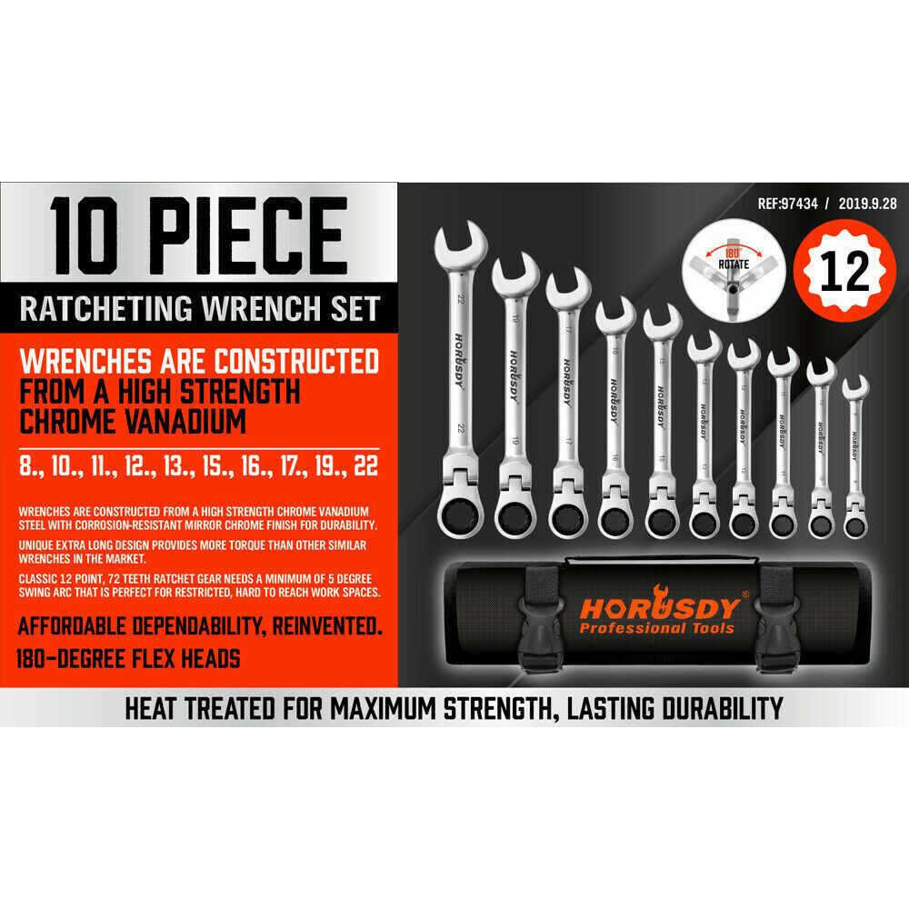 10 Piece Flex Head Combination Ratcheting Spanner Set - South East Clearance Centre