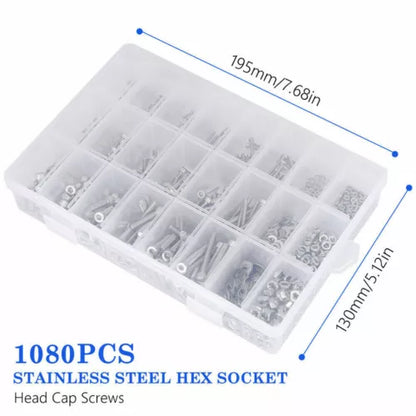 1080 Piece Hex Socket Head Screw Flat Washer and Nut Assortment Kit