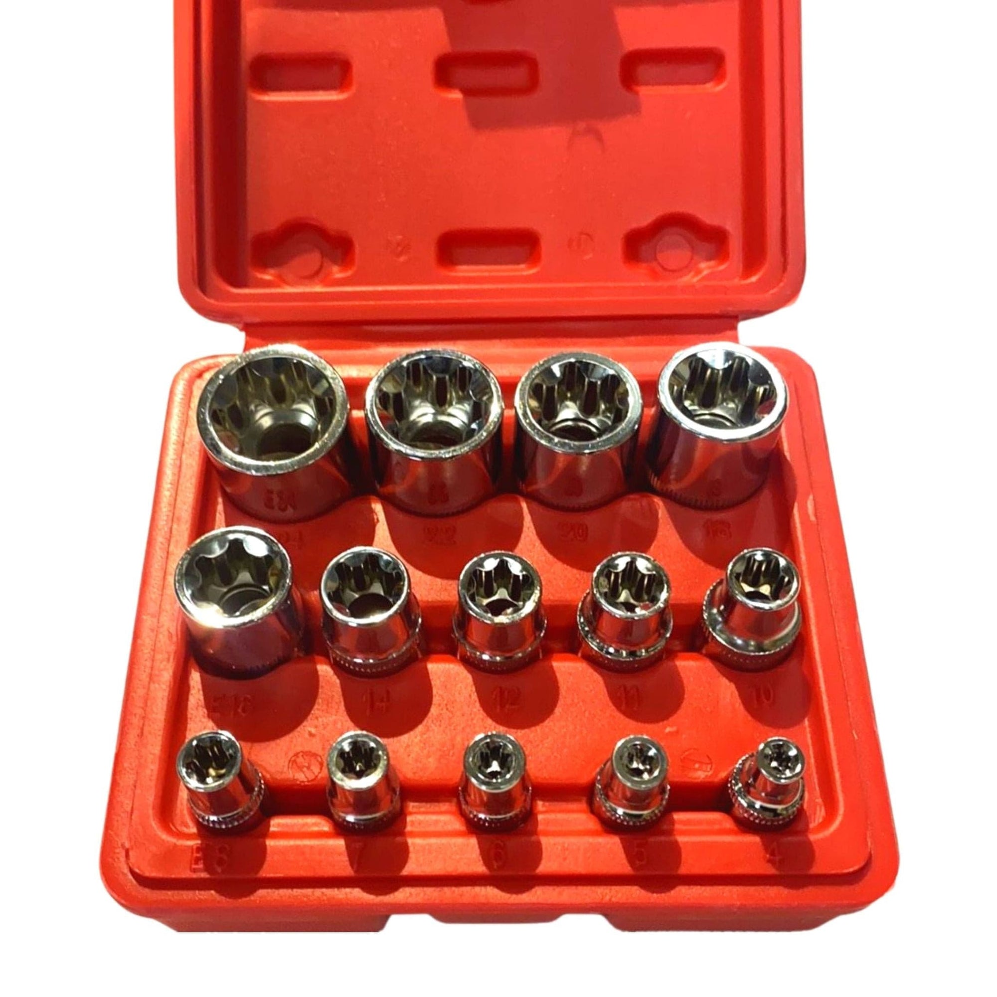 14-Pieces Female E-TORX Star Socket Set with Red Case, 1/4" 3/8" 1/2" Drive, Female External Star Socket Set - (E4 - E24) - South East Clearance Centre