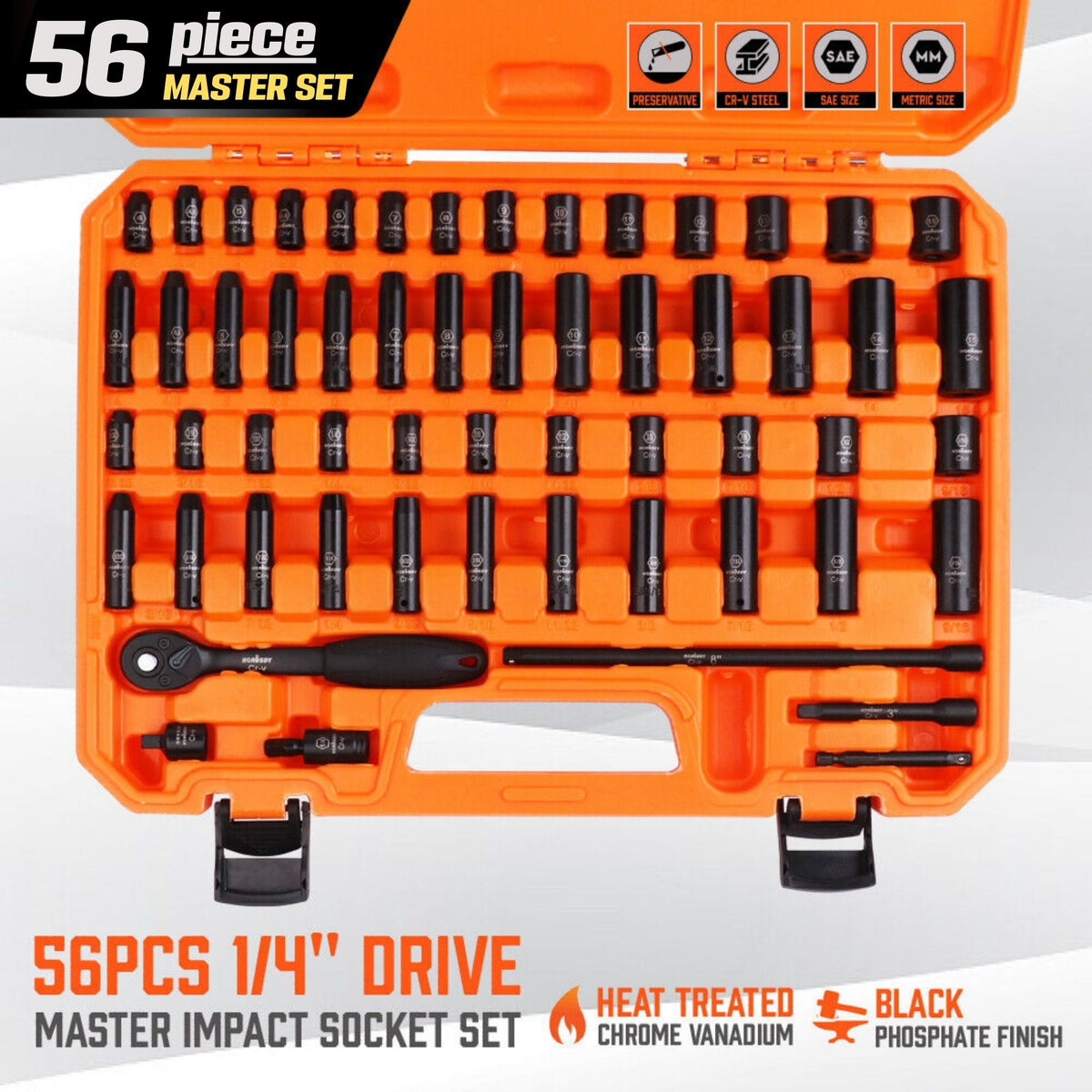 56 Piece 1/4&quot; Drive Master Deep Impact Socket Set | Metric &amp; Imperial with Extension Bar - South East Clearance Centre