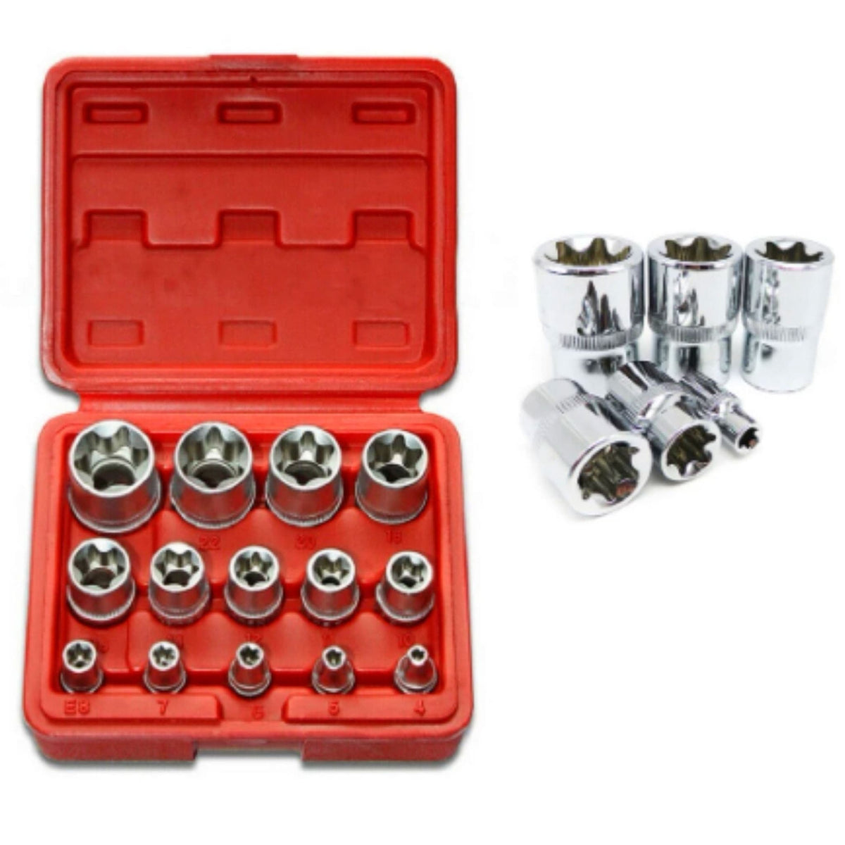 14-Pieces Female E-TORX Star Socket Set with Red Case, 1/4&quot; 3/8&quot; 1/2&quot; Drive, Female External Star Socket Set - (E4 - E24) - South East Clearance Centre