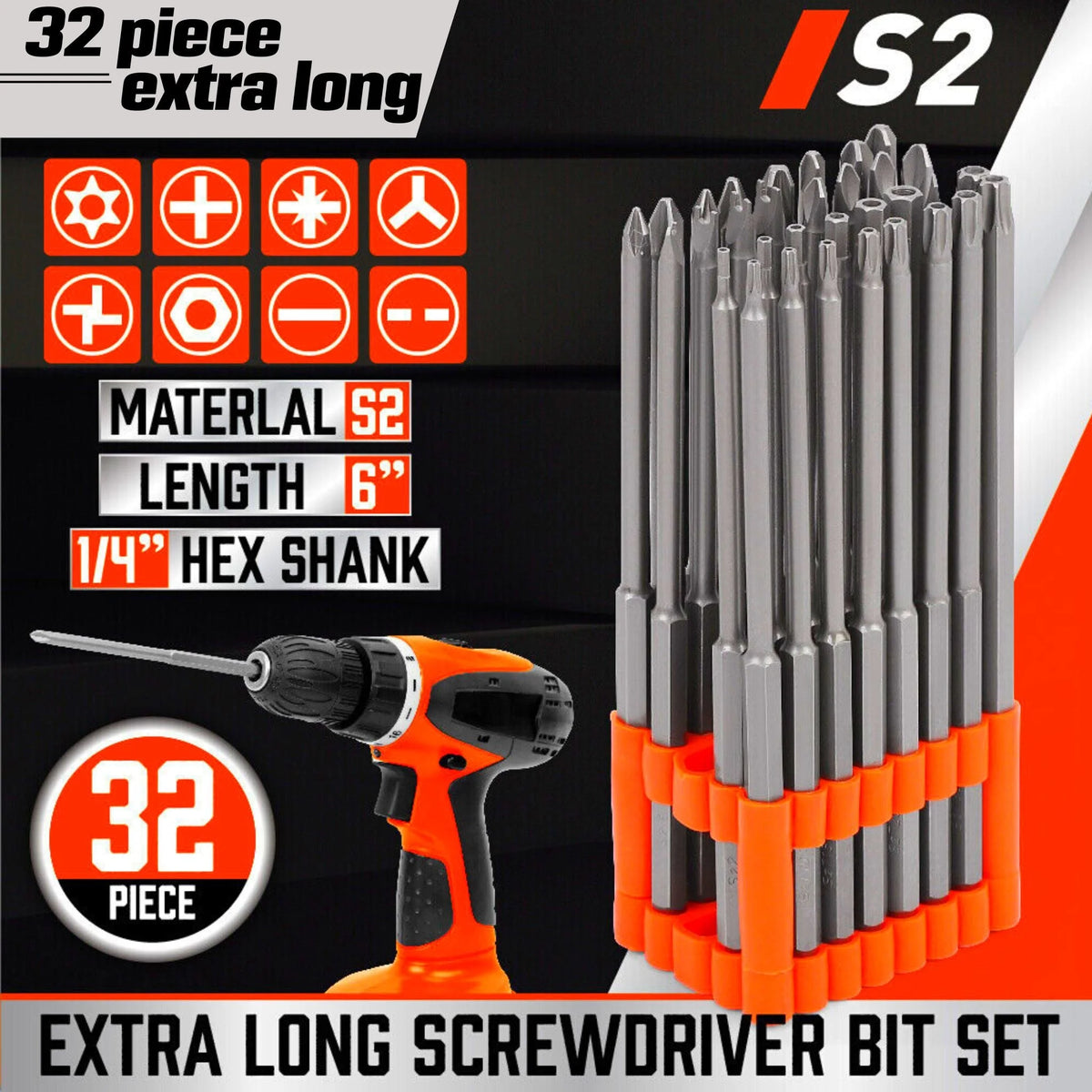 32 Piece Extra Long Screwdriver Bit Set - South East Clearance Centre