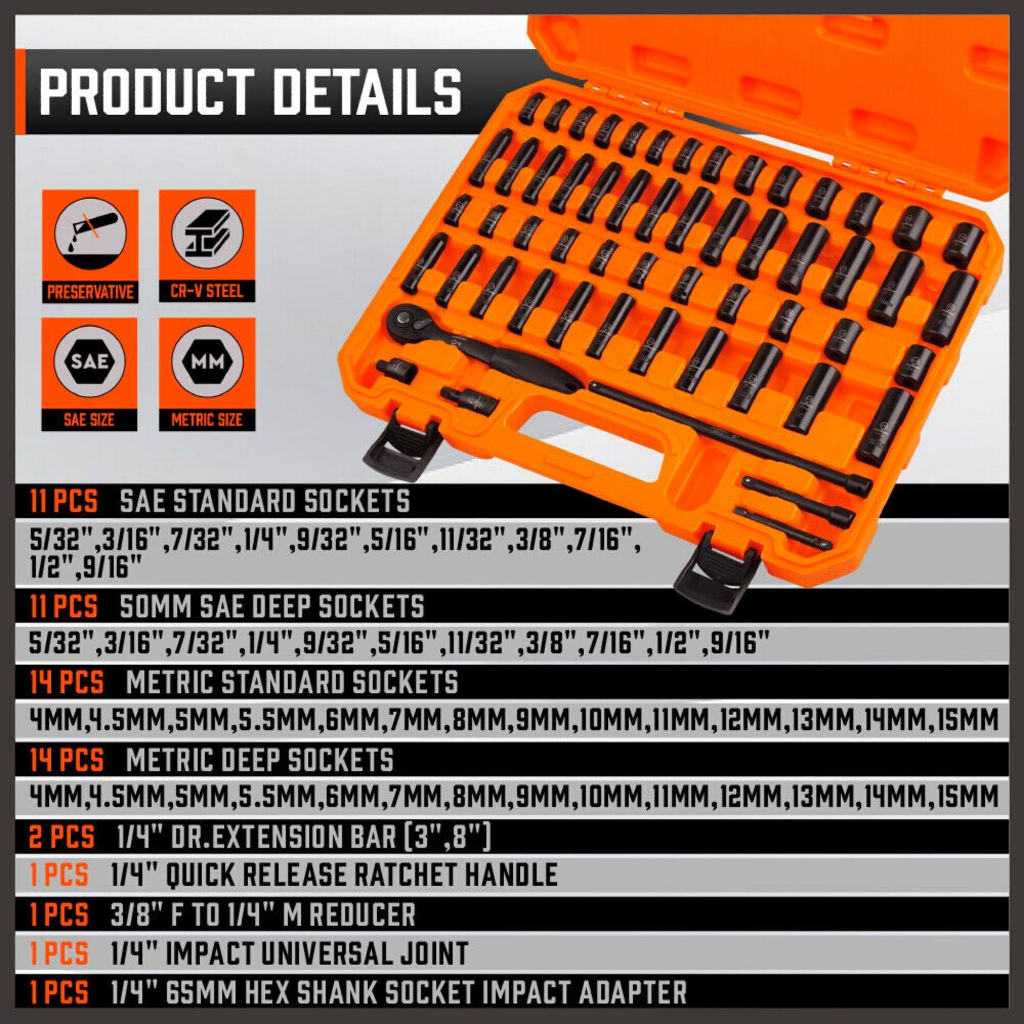 56 Piece 1/4" Drive Master Deep Impact Socket Set | Metric & Imperial with Extension Bar - South East Clearance Centre