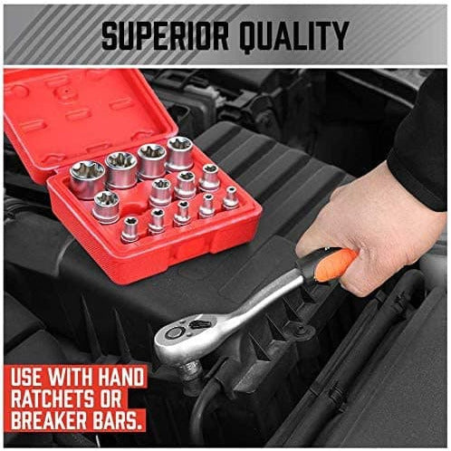 14-Pieces Female E-TORX Star Socket Set with Red Case, 1/4" 3/8" 1/2" Drive, Female External Star Socket Set - (E4 - E24) - South East Clearance Centre