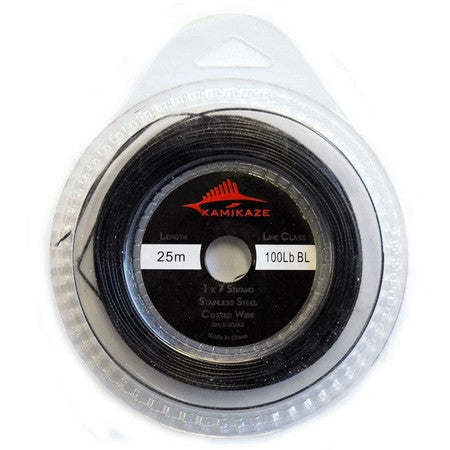 KAMIKAZE 1x7 Coated Black Wire 100lb 25m with Crimps - South East Clearance Centre