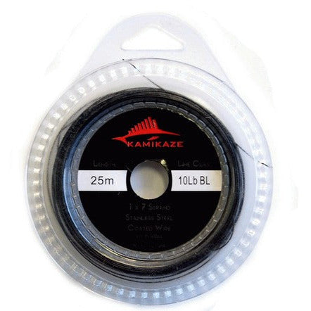 KAMIKAZE 1x7 Coated Black Wire 10lb 25m with Crimps - South East Clearance Centre