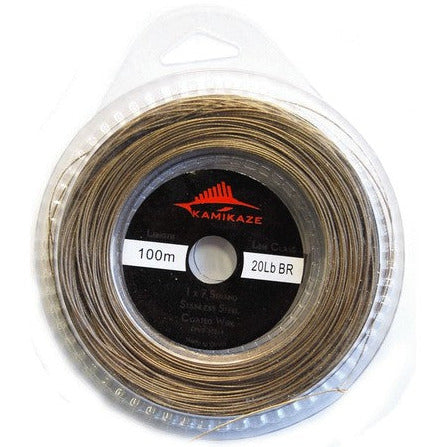 KAMIKAZE 1x7 Coated Brown Wire 20lb 100m with Crimps - South East Clearance Centre