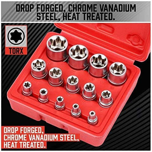 14-Pieces Female E-TORX Star Socket Set with Red Case, 1/4" 3/8" 1/2" Drive, Female External Star Socket Set - (E4 - E24) - South East Clearance Centre