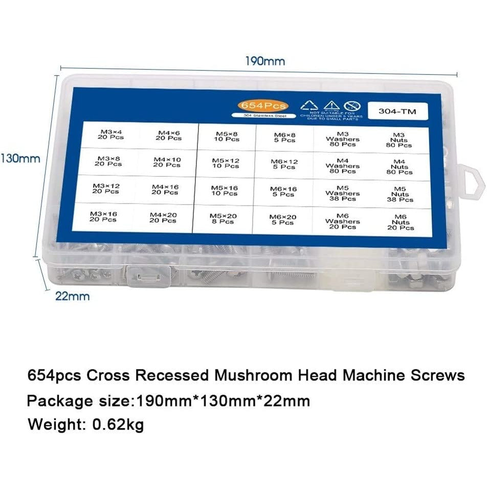 654 Piece Stainless Steel M3 M4 M5 M6 Phillips Muchsroom Head Screw Nut Bolt Washer Assortment Kit - South East Clearance Centre