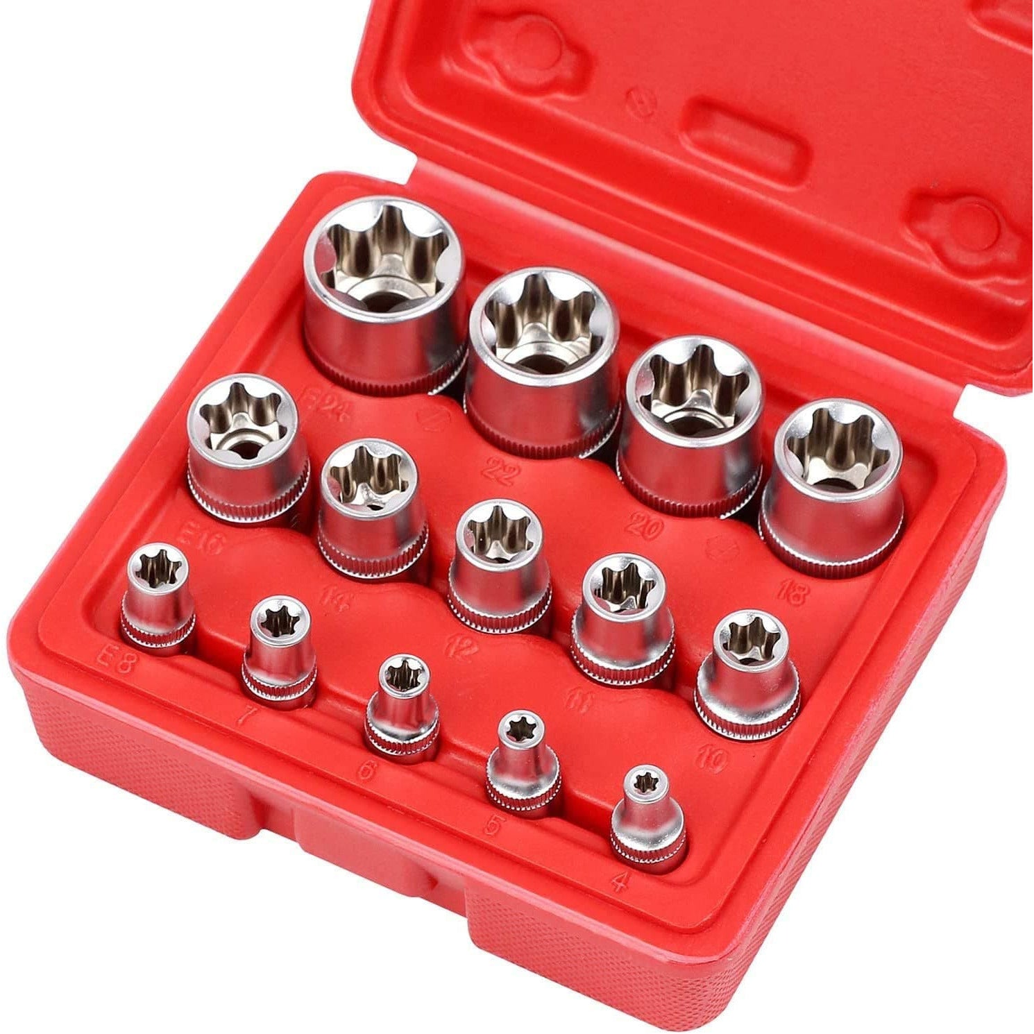 14-Pieces Female E-TORX Star Socket Set with Red Case, 1/4" 3/8" 1/2" Drive, Female External Star Socket Set - (E4 - E24) - South East Clearance Centre