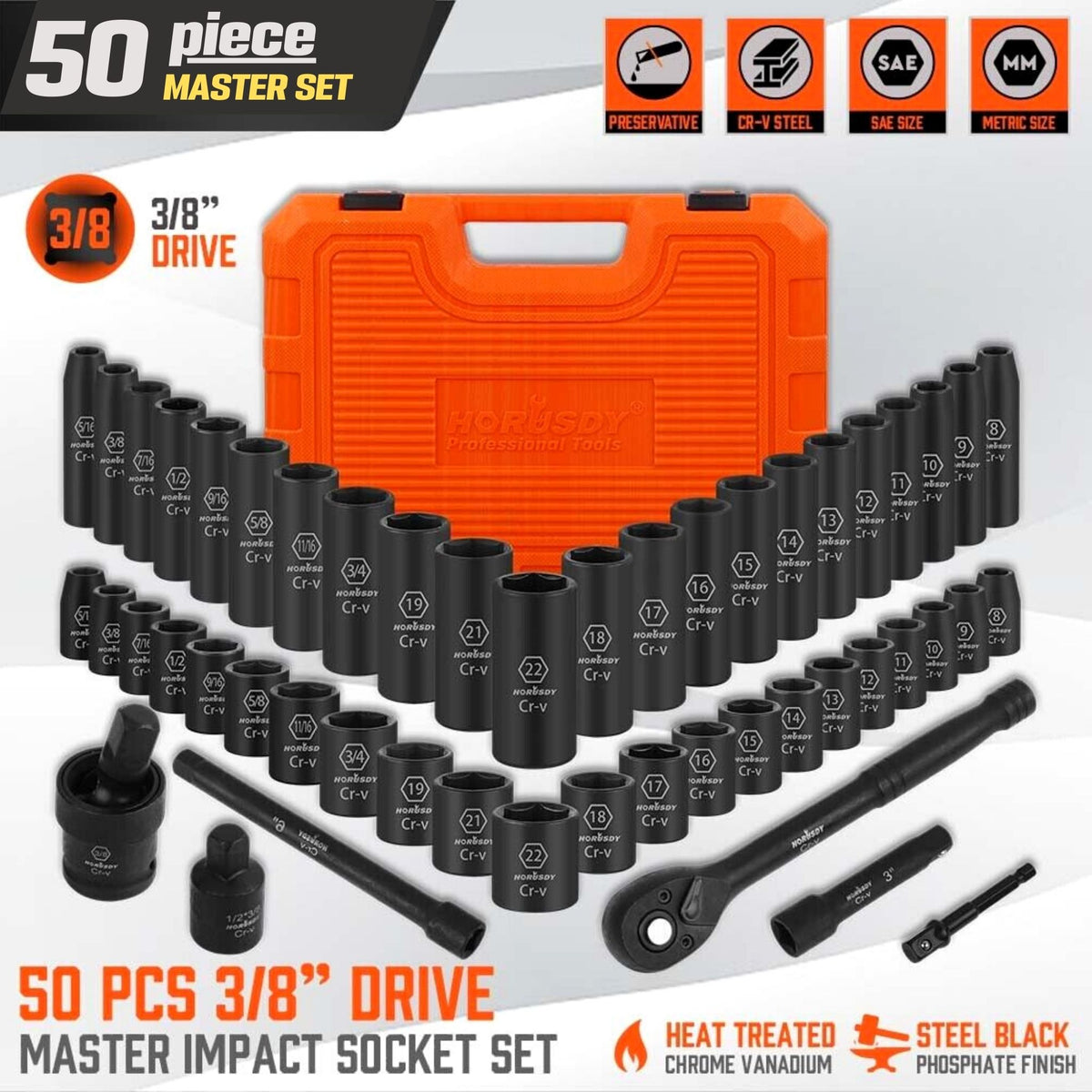 Master Deep Impact Socket Set | 50 Piece Set | Metric, SAE, 3/8&quot;, CRV, Flexible Adapter, Ratchet - South East Clearance Centre