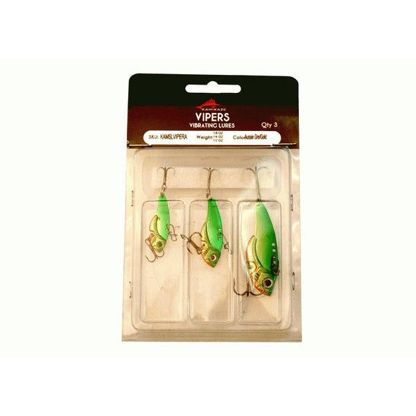 KAMIKAZE Metal Blades - Vibrating Lures 3 PkA (Green-Gold) - South East Clearance Centre