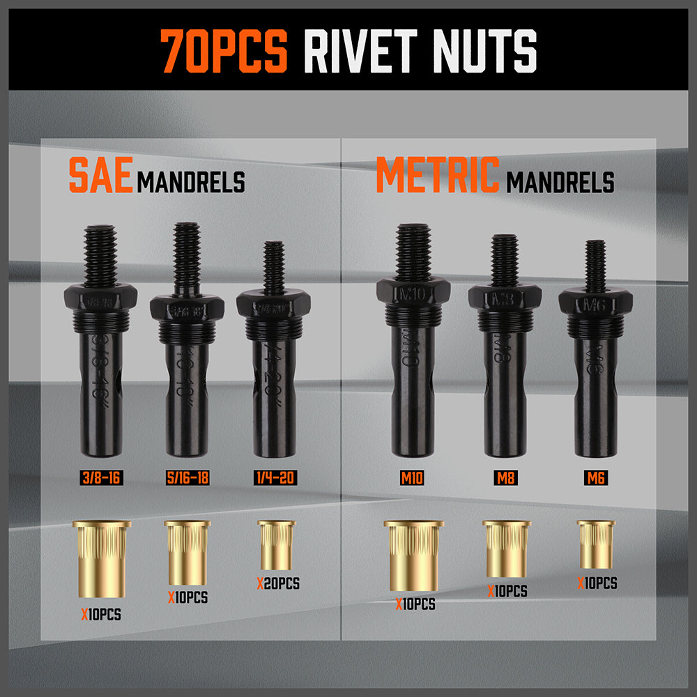 14" / 35cm Rivet Nut Tool | Nutsert Riveting Gun Riveter | Metric, SAE | 80 Piece set - South East Clearance Centre