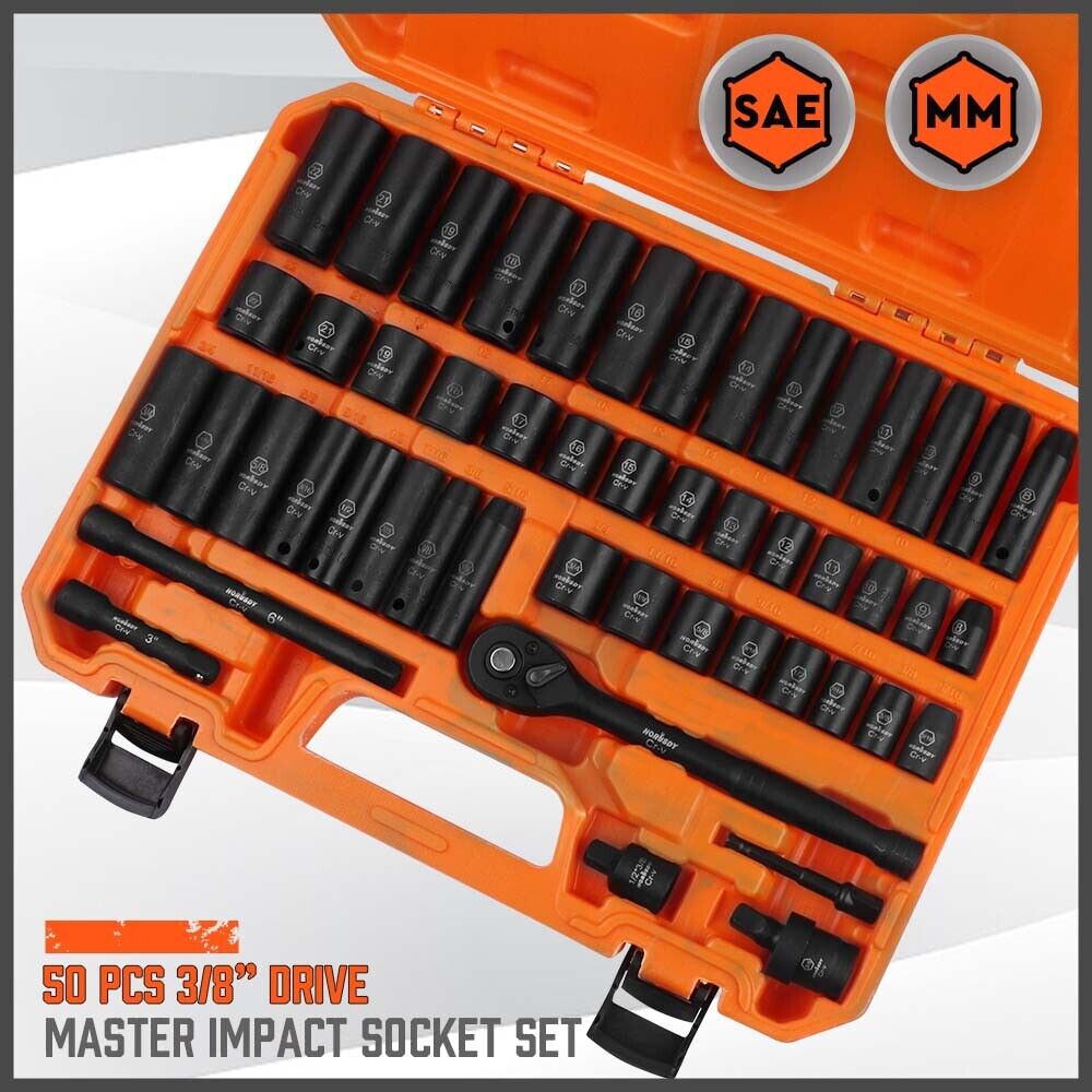 Master Deep Impact Socket Set | 50 Piece Set | Metric, SAE, 3/8", CRV, Flexible Adapter, Ratchet - South East Clearance Centre